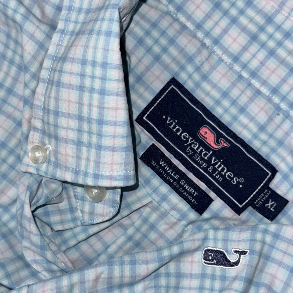 Vineyard Vines Performance Whale Shirt Long Sleeve Men's XL Blue Pink Plaid